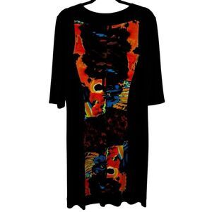 Eva Varro Abstract Print Knit Jersey Boat Neck 3/4 Sleeve Dress Black Size XL